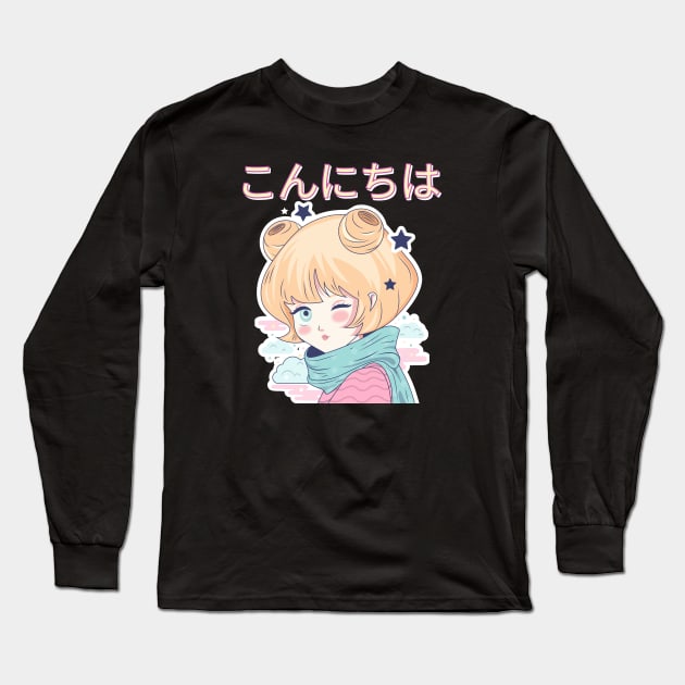 Hello こんにちは, Anime Girl Long Sleeve T-Shirt by Bluzzkar